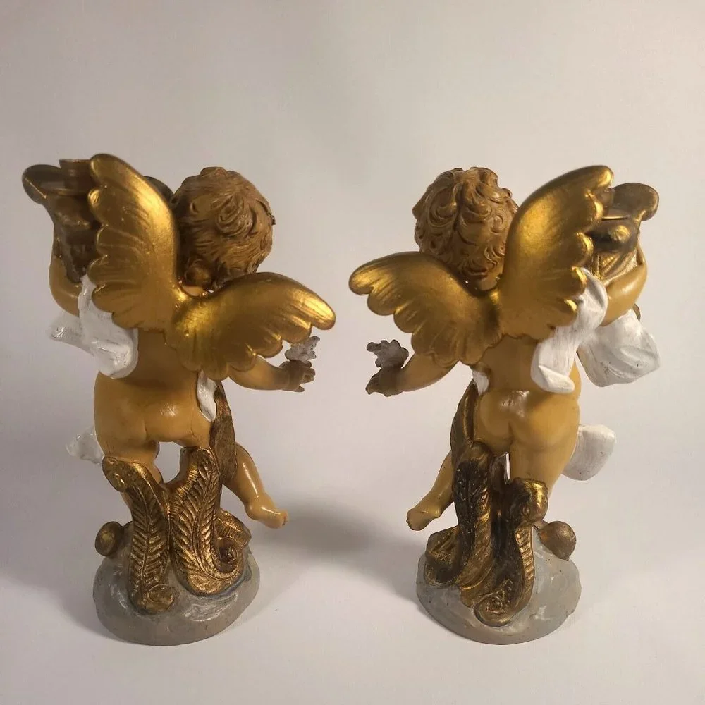 Vtg Fontanini Italy chubby Cherub Tapered Candle Holders #5042 & #5043 blue eyes